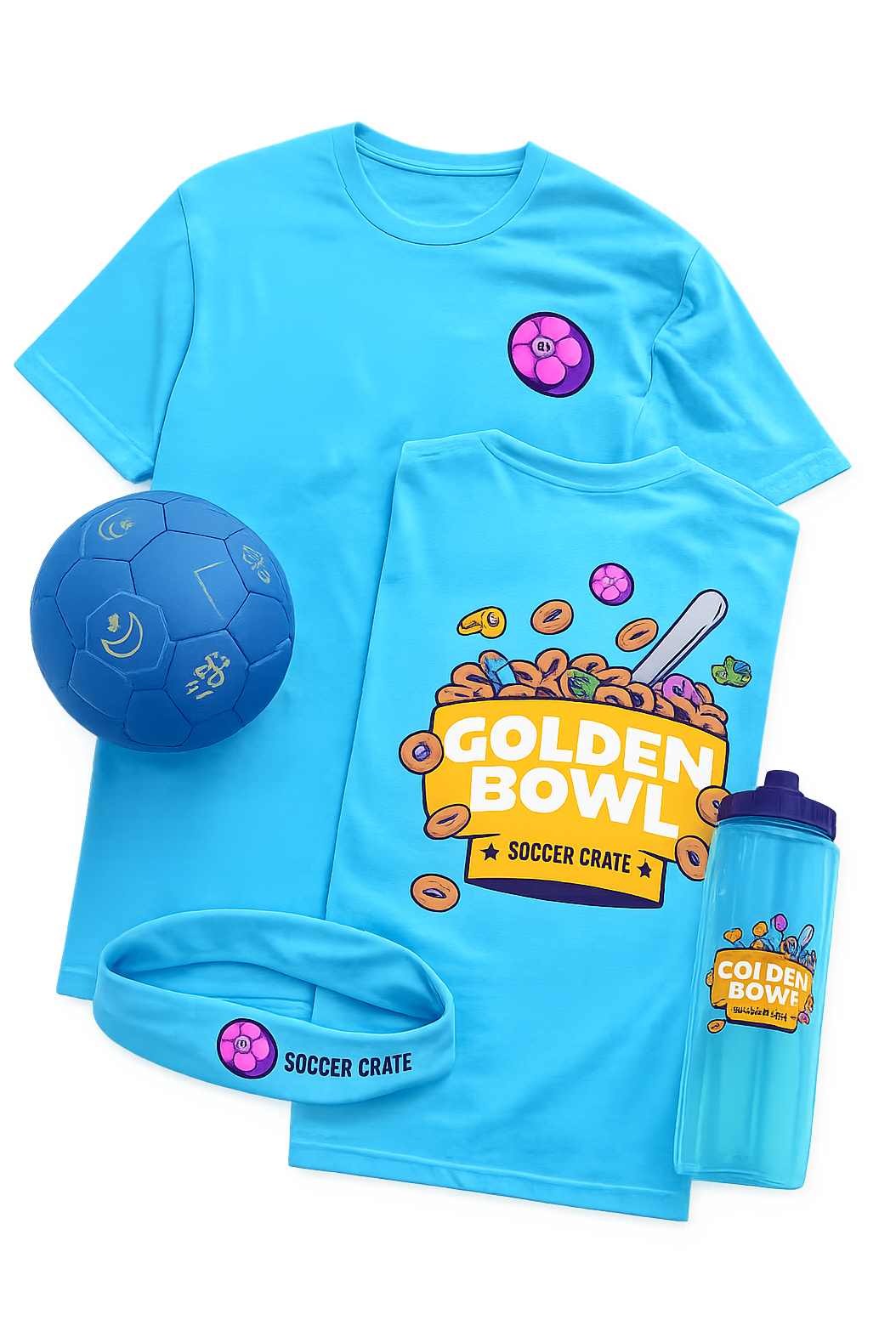 Golden Bowl crate contents — bowl, shirt, ball, bottle, and wristband