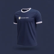 Navy Finesse Jersey with white-trimmed collar and sleeves and a Soccer Crate crest on the chest