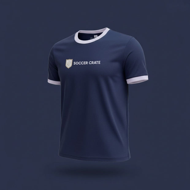 Navy Finesse Jersey with white-trimmed collar and sleeves and a Soccer Crate crest on the chest