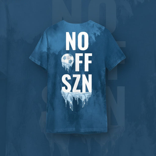 Blue tie-dye Frost Performance Tee with NO OFF SZN in white lettering and a frozen soccer ball