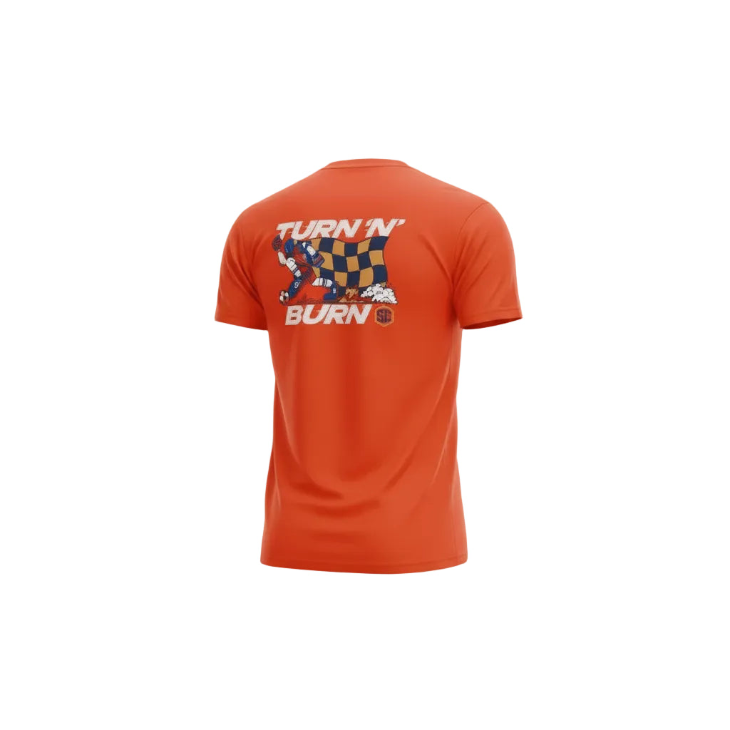 Orange t-shirt with graphic design and text on a brown background